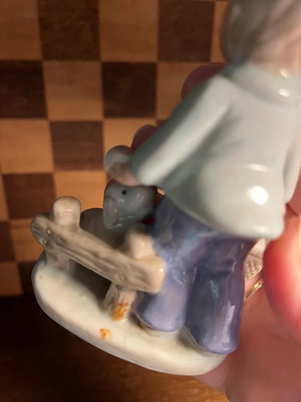 Kowa Style Porcelain Boy with Apple Basket and Dog Figurine, some small cracks a